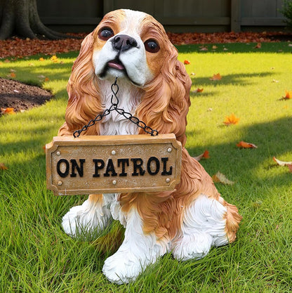 Cavalier King Charles Spaniel Outdoor Dog Statue with Reversible “Welcome/ON Patrol” Hanging Plaque and Solar Porch Lantern, Brown & White Sitting