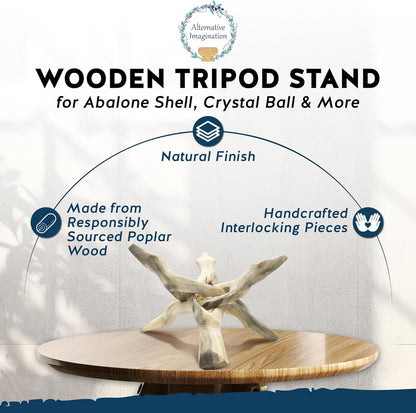 Alternative Imagination Wooden Tripod Display Stand - 6-Inch Hand Carved Holder Made from Mango Wood -Folding Natural Stand for Abalone Shell, Crystal Ball, Key Bowl,Trinket Dish, Incense,Decor & More