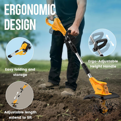 Cordless Tiller Cultivator Compatible with DEWALT 20V MAX Battery(Tool Only), Folding Electric Rototiller for Garden with 40 Steel Tines 310RPM, 9.1In Tilling Width and 6.3In Depth