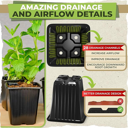 CARPATHEN 60Pack Square Nursery Pots - 3.8 Inch Reinforced Nursery Pots for Plants with Drainage - Reusable Seed Starter Pots for Flowers, Vegetables - Seedling Pots Kit with 10 Plastic Reusable Tags