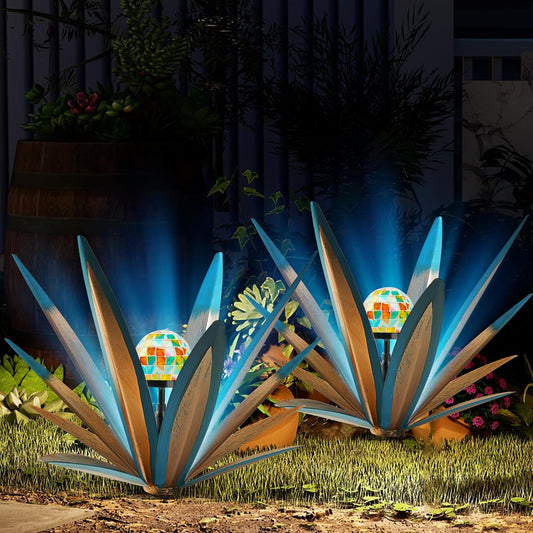 TOMBABY Solar Rustic Garden Style Metal Agave Plants Outdoor Patio, Home Decor Hand-Painted Metal