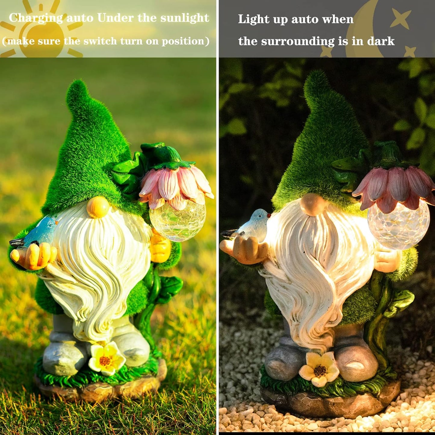 Garden Gnome Statue - Funny Gnome Decoration Hold Flower with Solar Crackle Glass Globe Lights, Resin Gnomes Figurine Ornament for Patio Yard Lawn Porch Outdoor Decor