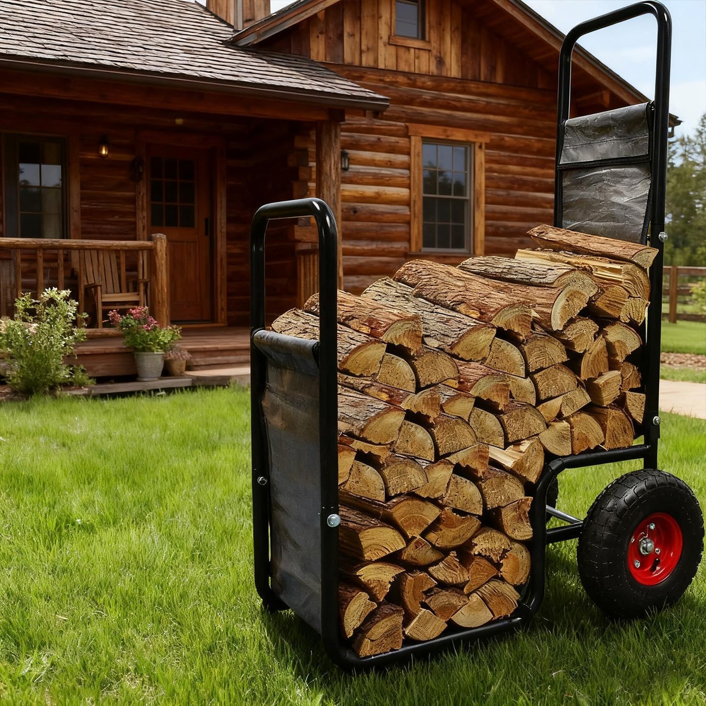 Firewood Cart: 44 X 27 X 20 in Heavy Duty 220 lbs Load Pneumatic Tires for Garden Backyard Fireplace Men Women Use