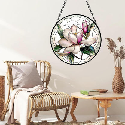 Stained Glass Window Hanging - Pink Magnolia Flower Petal Suncatcher for Doors Window Home Sun Catchers Decor Christmas Mother's Day Birthday Gifts for Teacher Women Men Mom Nana 11.8 in