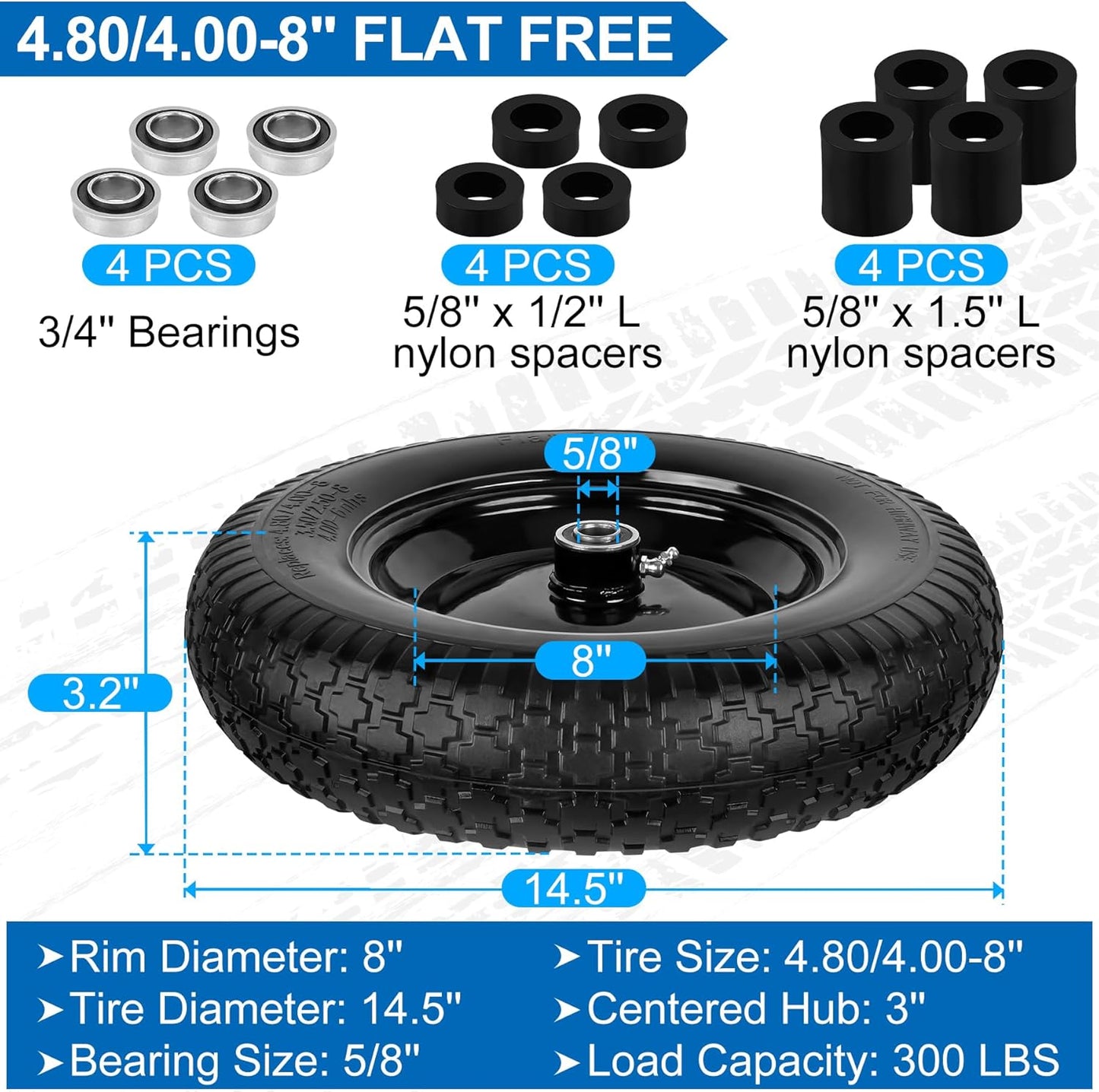4.80/4.00-8" Flat Free Wheelbarrow Tires and Wheels, 14.5" Universal Fit Solid Tires with 5/8" or 3/4" Bearing, 3"-7" Hub, Adapter Kit Hand Truck Wheels Replacement for 3.50/2.50-8", 4.00-6"etc, 2 PCS