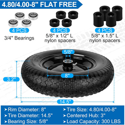 4.80/4.00-8" Flat Free Wheelbarrow Tires and Wheels, 14.5" Universal Fit Solid Tires with 5/8" or 3/4" Bearing, 3"-7" Hub, Adapter Kit Hand Truck Wheels Replacement for 3.50/2.50-8", 4.00-6"etc, 2 PCS