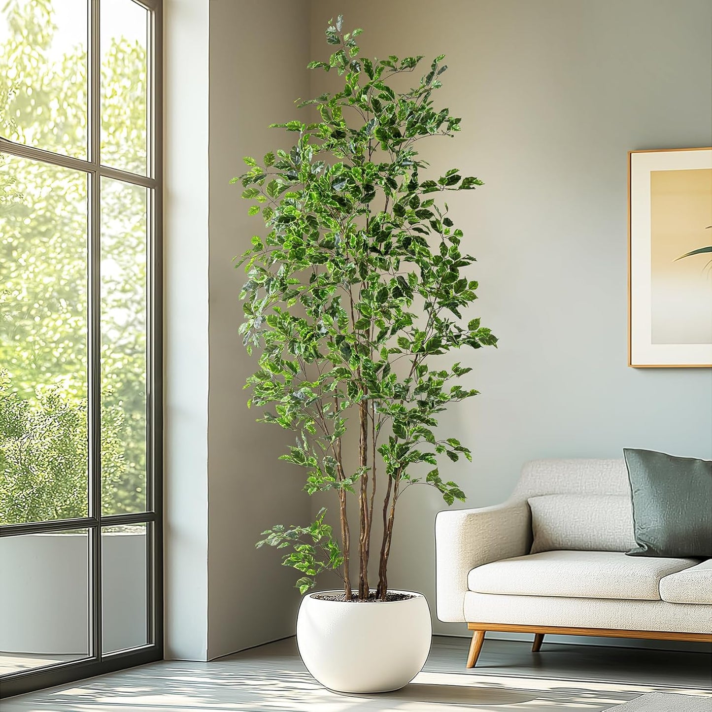 Artificial Ficus Tree Indoor 8ft, Large Potted Faux Tree with Realistic Silk Leaves & Trunk for Home Office, Living Room Corner Decor