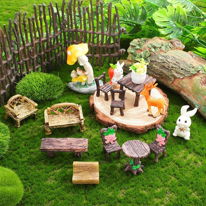 Garneck 10 Pcs Miniature Resin Fairy Garden Furniture Ornaments Rustic Mini Tables and Chairs Bench for Vintage Dollhouse Accessories Home Micro Landscape