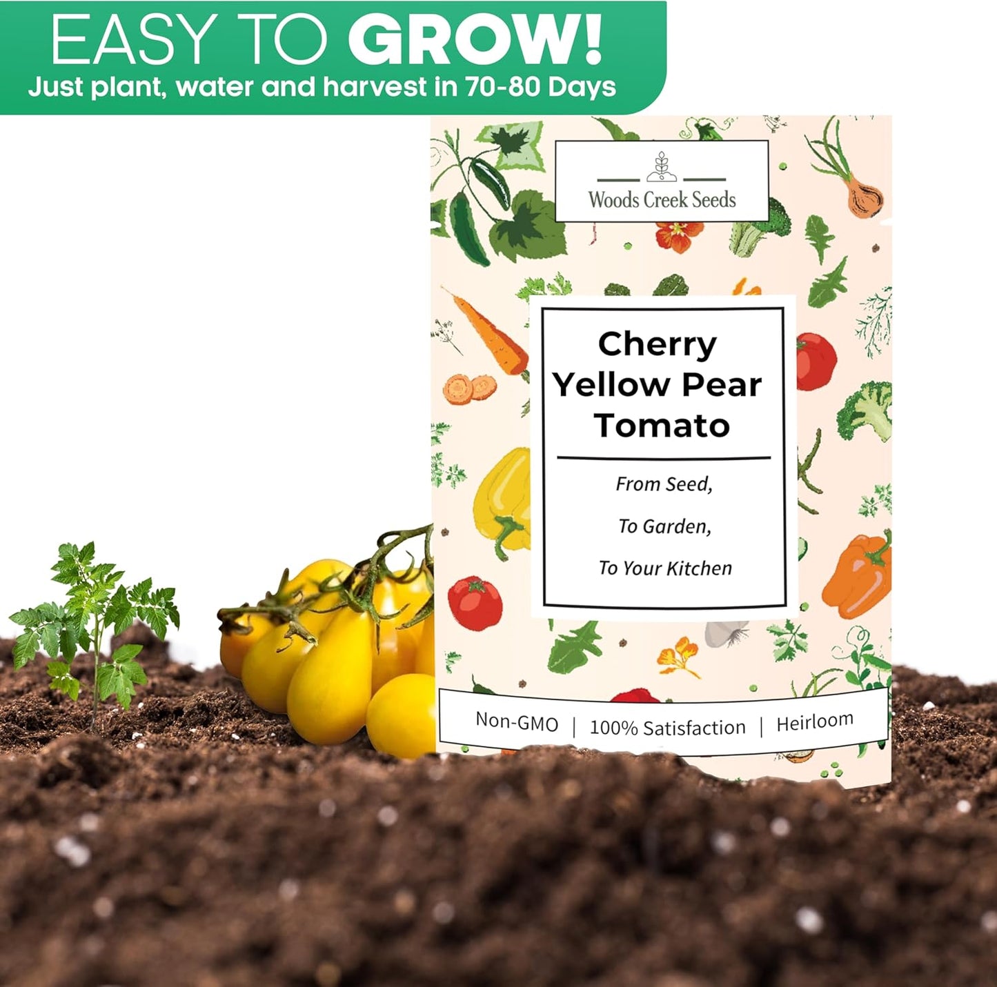 Woods Creek Seeds: Yellow Pear Tomato Seeds for Planting - Heirloom Tomato Seeds for Planting Outdoors, Indoors, Patio or Home Plant Garden - Non-GMO Seed Pack of Indeterminate Pear-Shaped Tomatoes