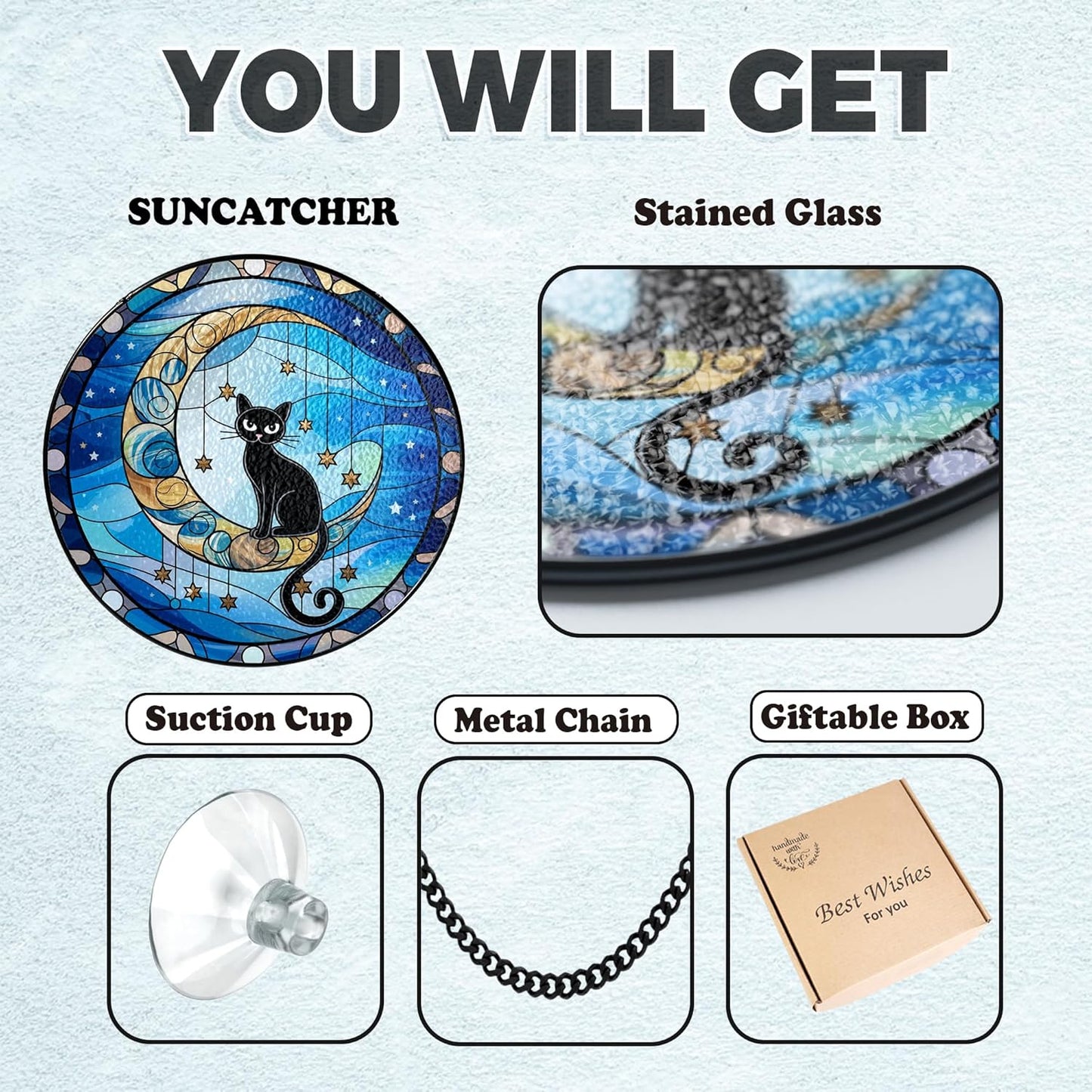 7.8" Black Cat Sit on Moon Stained Glass Suncatcher, Black Cat Suncatcher Window Hanging, Sun Catcher Garden Decor Housewarming, Birthday Gifts for Pet Lover, Women, Mom, Friends PET-06D-SG8