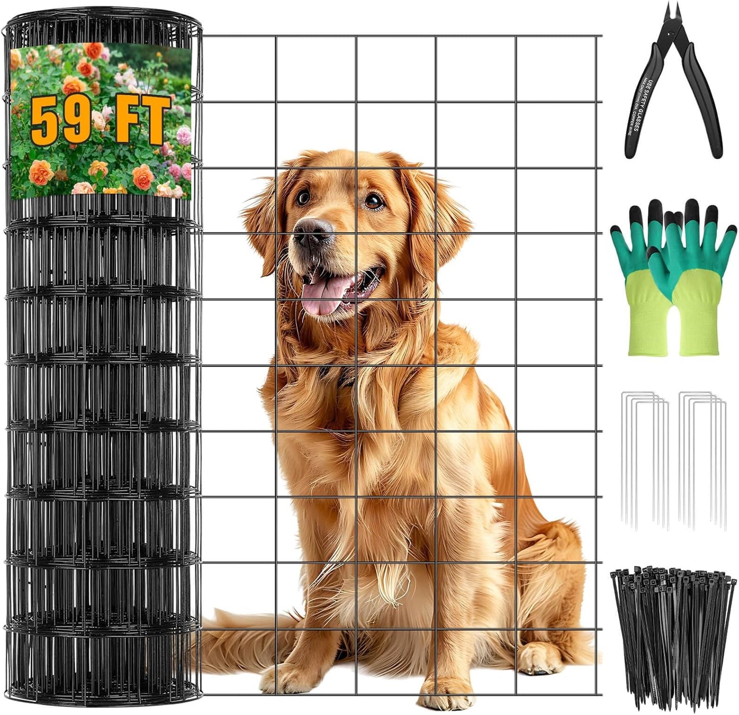 Welded Wire Fencing 59ft×24in, Black PVC Coated Wire Mesh Garden Fence Vinyl Metal Wire Mesh Wire Fence Rolls for Making Yard Fence Plant Protector Dog Poultry Netting(14Ga, 2.3in X 2.3in)