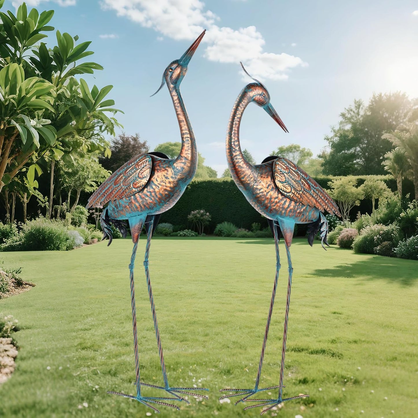 chisheen Garden Crane Statues Blue Heron Metal Yard Art Outdoor Decoration,Large Sculptures for Lawn Patio Porch,39-44 inch,Set of 2