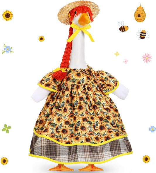 Fall Goose Outfit Harvest Sunflower Lawn Porch Cement Goose Clothes Harvest Skirts Hat Wig for Fall