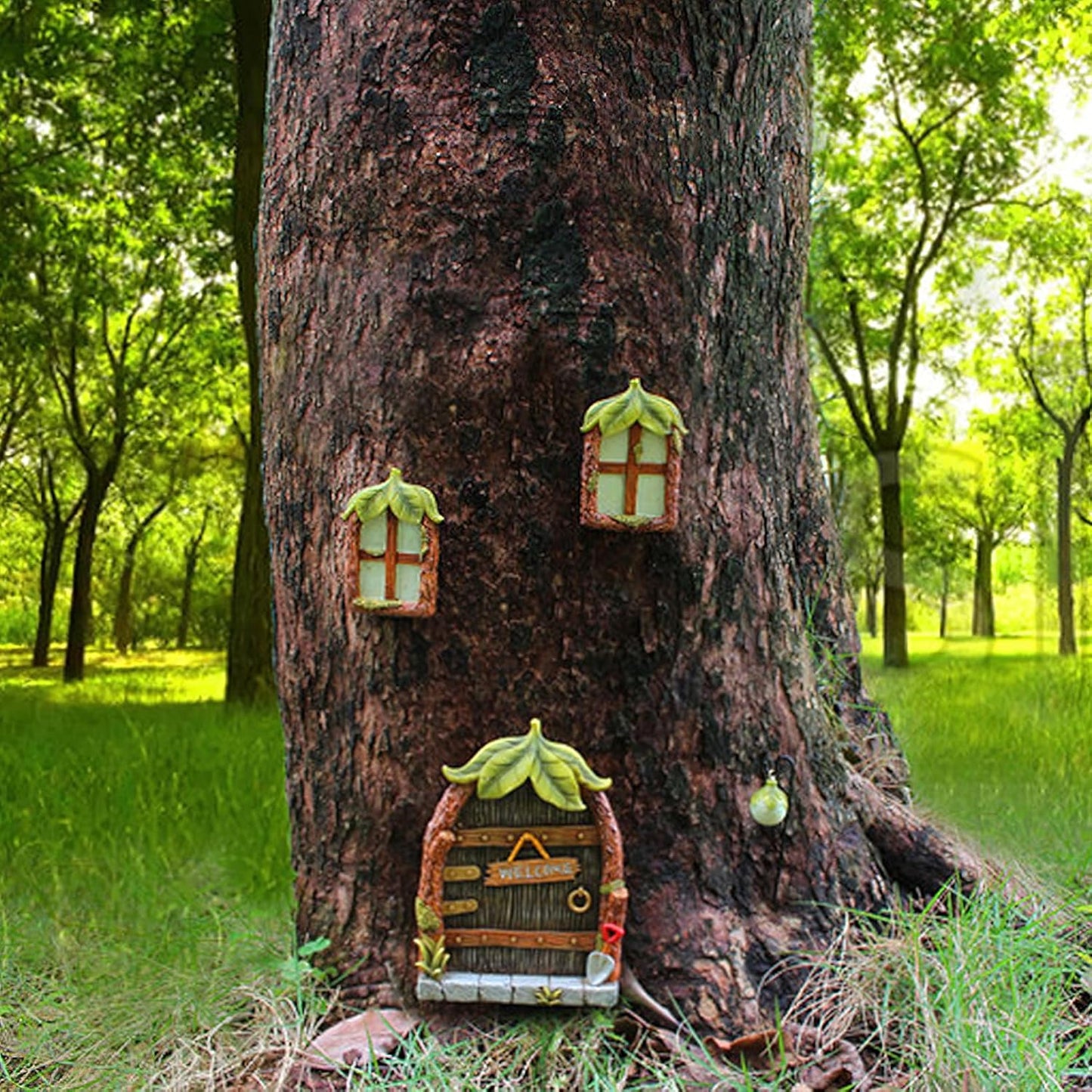Fairy Door and Windows Garden Kit Accessories Outdoor, Glow in Dark Gnome House for Tree, Lawn Yard Art Sculpture, Miniature Garden Decor (Leaf)