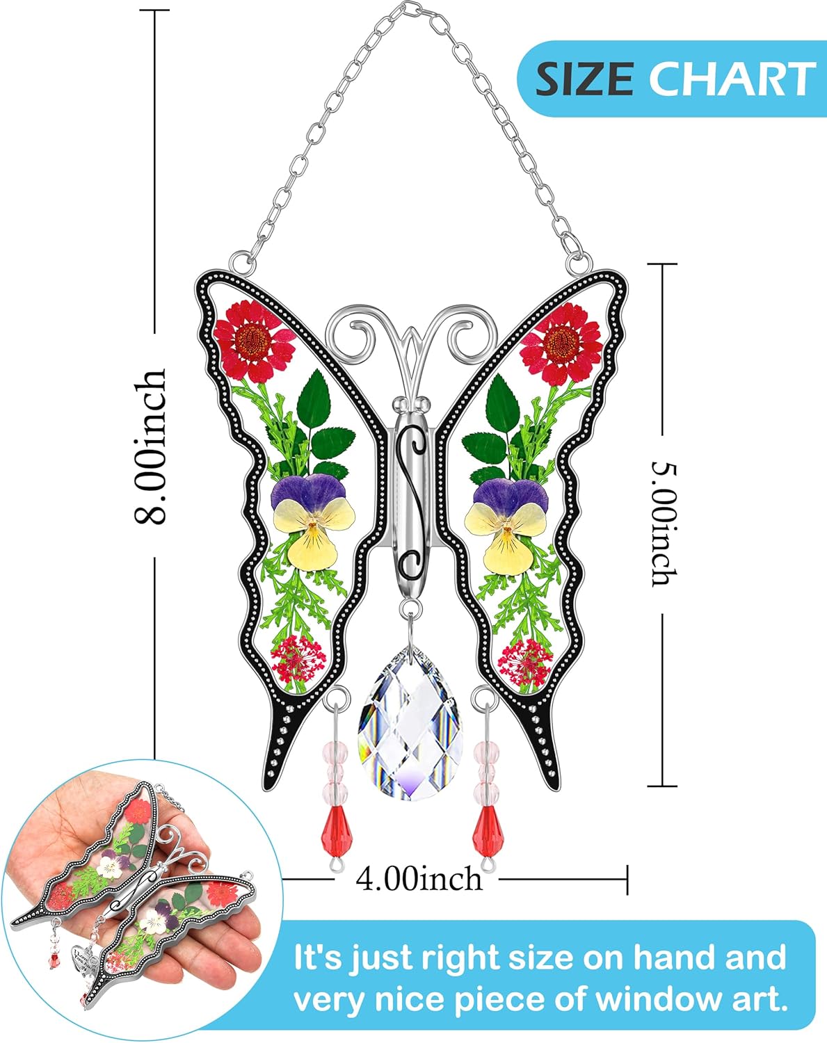KY&BOSAM Crystal Butterfly Suncatchers for Windows Hanings Stained Glass Wind Chimes with Metal Charms Colorful Rainbow Prisms Garden Decor for Mom Grandma Christmas Wedding Gifts 8" Hanging Ornament