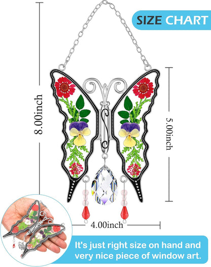 KY&BOSAM Crystal Butterfly Suncatchers for Windows Hanings Stained Glass Wind Chimes with Metal Charms Colorful Rainbow Prisms Garden Decor for Mom Grandma Christmas Wedding Gifts 8" Hanging Ornament