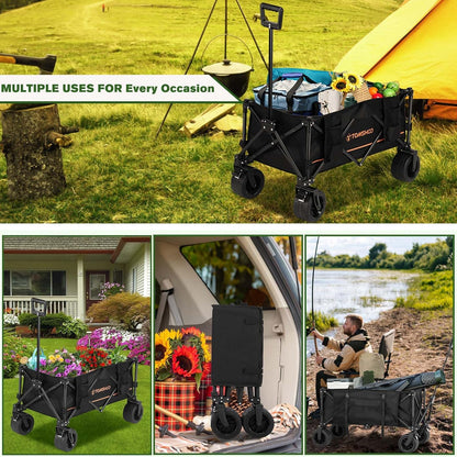 TOMSHOO Wagons Cart 120L Collapsible Wagon 330lbs Load Universal Wheels Wagons Carts Foldable with Cup Holders, Side Pocket and Brakes for Camping, Garden, Sports, Beach, Shopping, Black