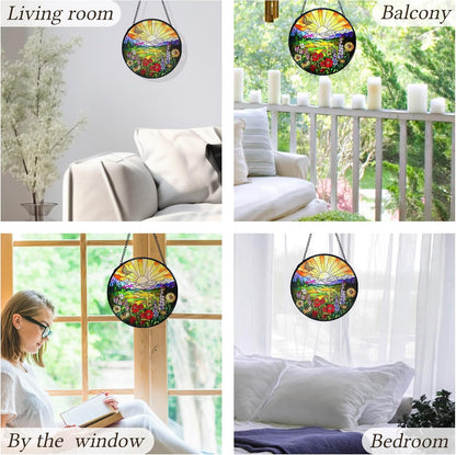 kdqua Sunshine Flower Suncatcher Stained Glass Window Hanging, Cottagecore Sunset Wildflower Sun Catchers Indoor Window Glass Round Wall Decor, Floral Wall Art Hanging Decorations Statues, 7.9x7.9in