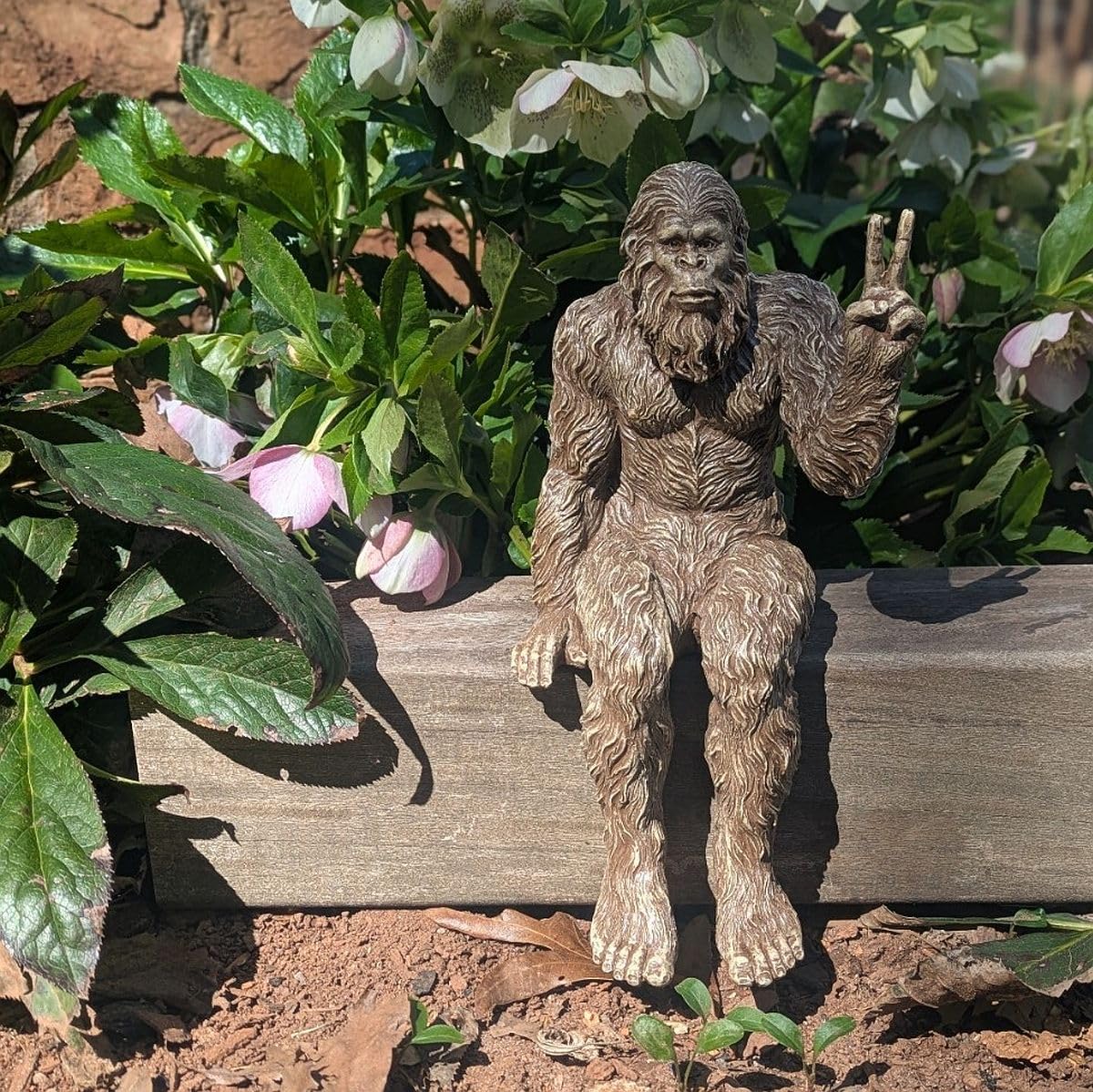 John Bernard & Company Bigfoot Peace Sign Decorative Sasquatch Yeti Statue/Figurine Indoor/Outdoor Sculpture for Patio, Deck, Home, Office 10 in H Shelf Sitter Figurine (Stonewash)