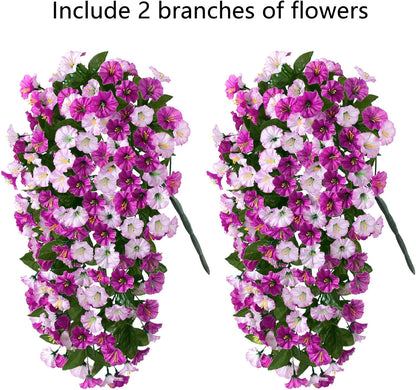 HyeFlora Artificial Fake Hanging Flowers Plants for Outdoor Outside, 2PCS Faux Silk Morning Glory Trailing Vines UV Resistant Look Real for Home Planter Porch Patio (Light Fuchsia+Fuchsia)