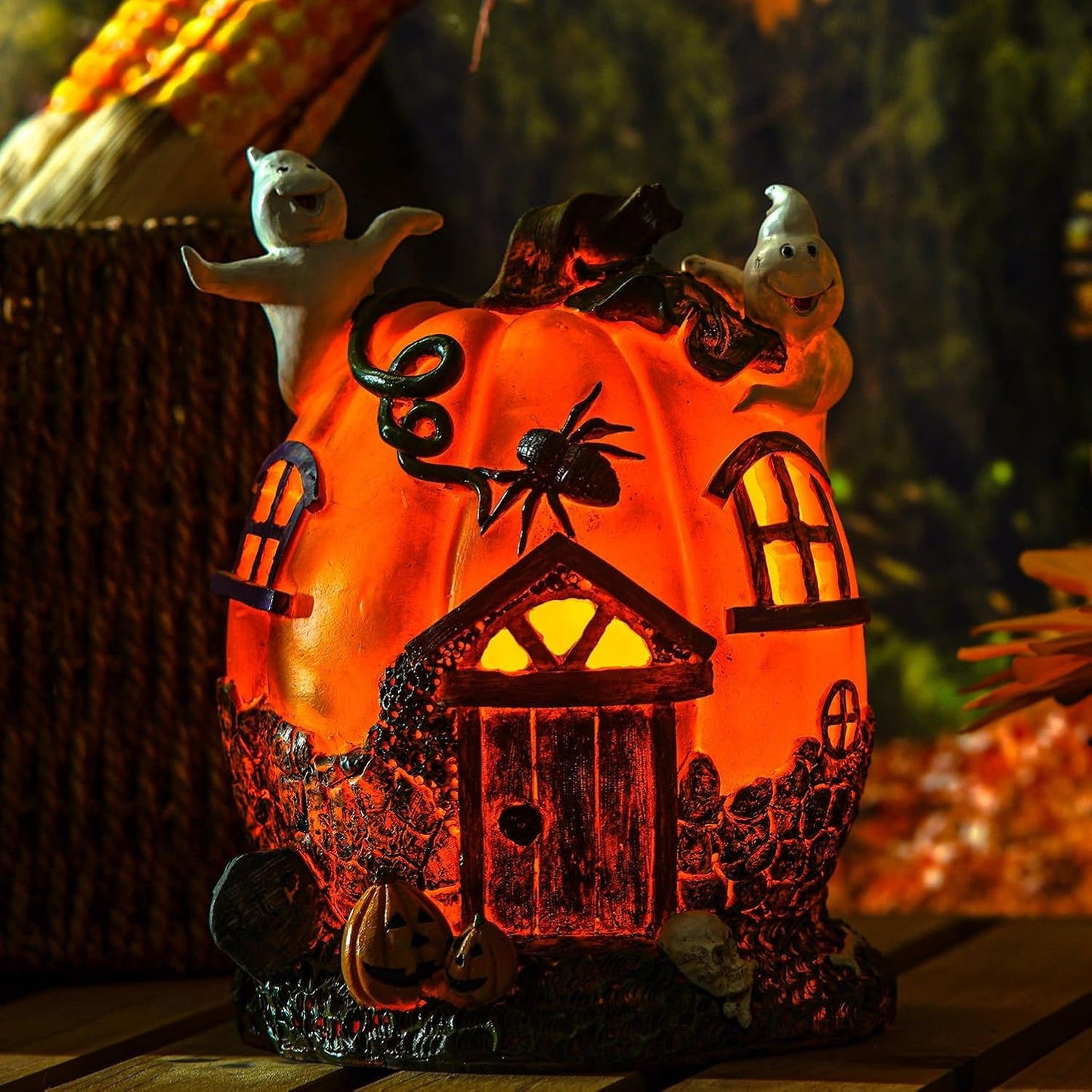 Topadorn Fall Pumpkin House Statue with LED， Pumpk Fall Decor for Home -Thanksgiving Indoor & Outdoor Party Decor, 7.09" H