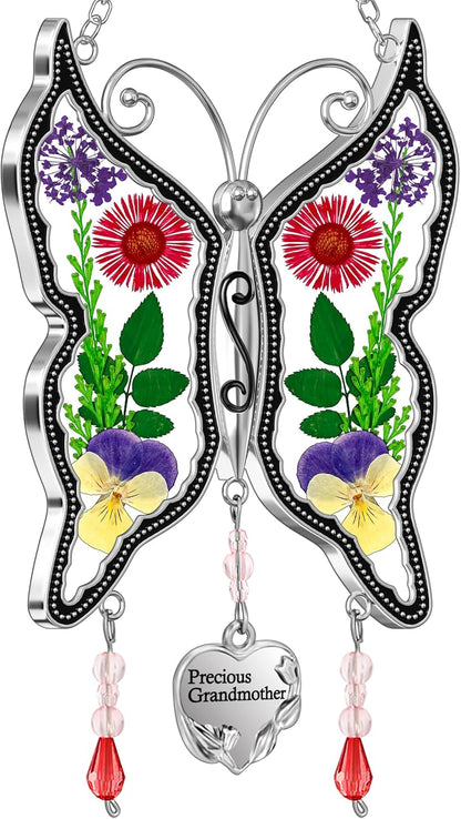 KY&BOSAM Butterfly Suncatchers Precious Grandmother Stained Glass for Windows Hangings Wind Chimes with Pressed Flower Wings and Heart Charm Birthday Gifts for Grandma Mother`s Days Christams