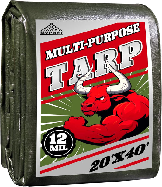 Green/Silver Heavy Duty Waterproof Tarp 20x40FT, 12mil Thick，Multifunctional tarp Whit Tear&Fade