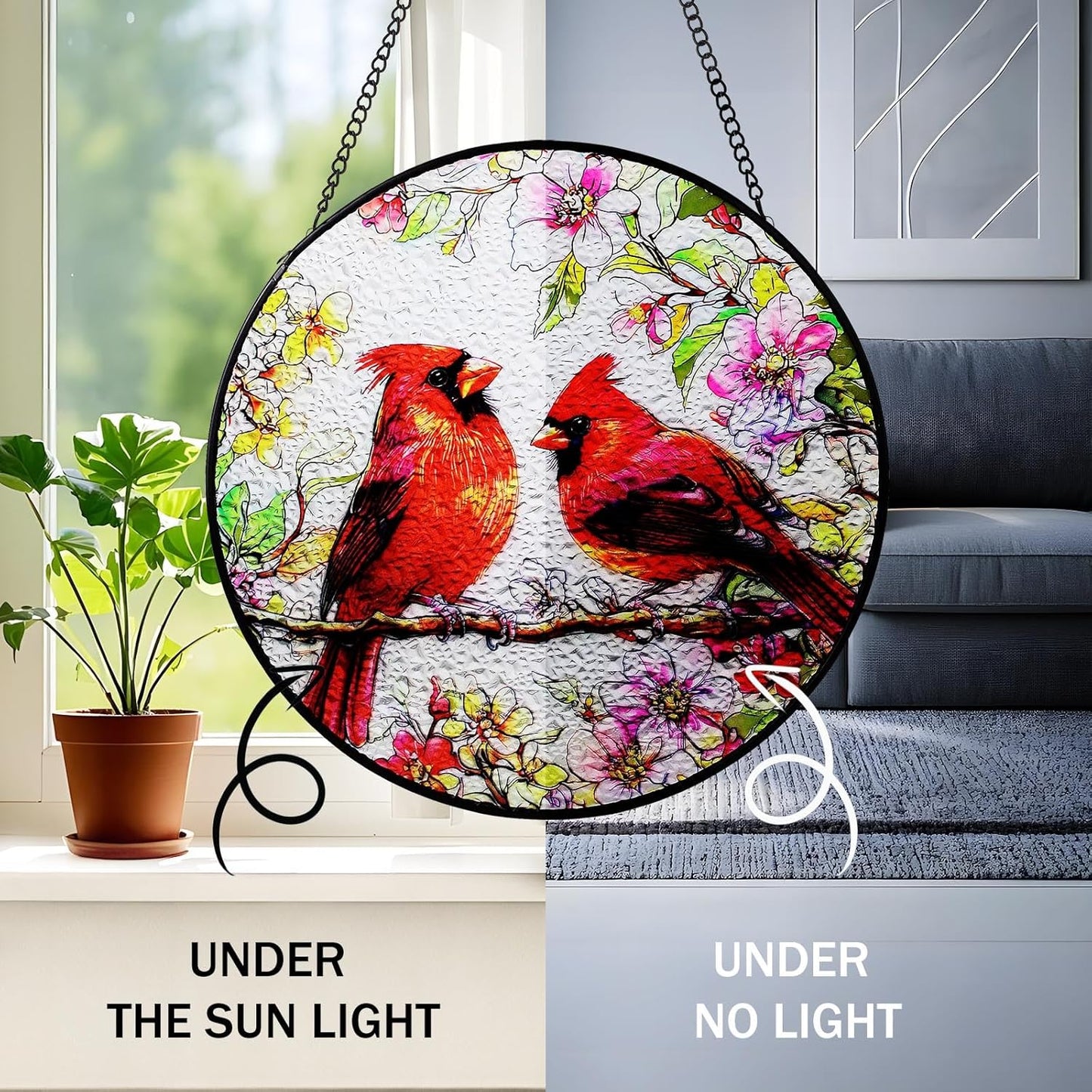 Cardinal Stained Glass Suncatcher, 7.87" Round Red Bird Stain Glass Window Hanging Panels (Indoor/Outdoor, Wall/Garden), Cardinal Gifts for Grandma, Window Decorations for Women & Bird Lover