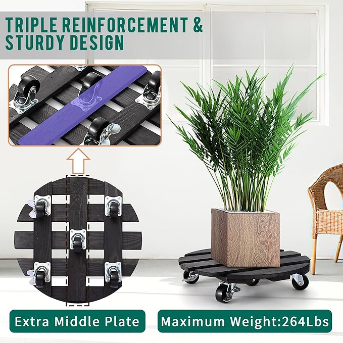 ZXZYHFTY Round Wooden Plant Stand with Wheels, 2 Packs Rolling Plant Stand with 360°Lockable Wheels for Vertical Garden Towers, Vertical Planting Tanks, Plant Pots, Wastebaskets (Black, 14")