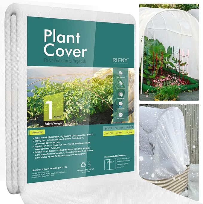 RIFNY Plant Covers Freeze Protection, 1 oz/yd² 10Ft x 50Ft Frost Cloth Plant Freeze Protection for Winter Frost Snowstorm, Frost Blankets for Outdoor Plants Protect from Birds, Pests