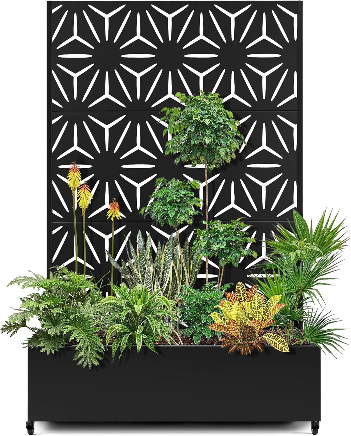 15.7"×70.9"×47.2" Metal Raised Garden Bed with Trellis and Wheels - Tall Trellis Planter Box for Climbing Plants, Vegetables & Vines - Outdoor Privacy Planters for Patio (Black-Star)