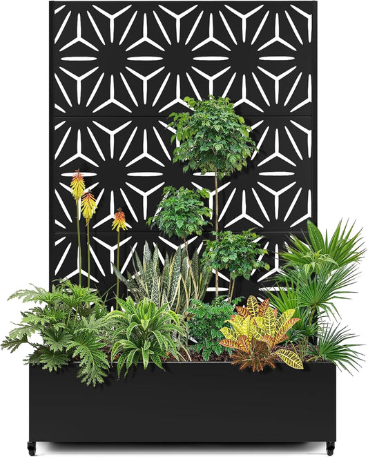 15.7"×70.9"×47.2" Metal Raised Garden Bed with Trellis and Wheels - Tall Trellis Planter Box for Climbing Plants, Vegetables & Vines - Outdoor Privacy Planters for Patio (Black-Star)