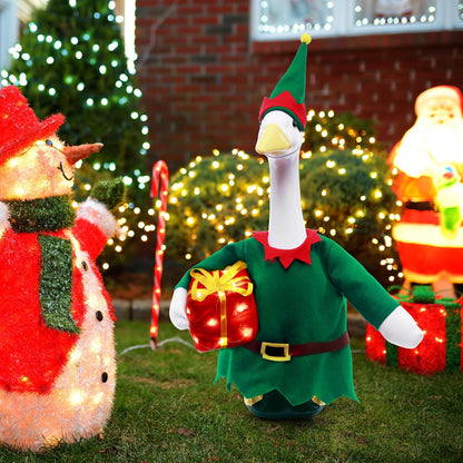 Christmas Toy Soldier Style Porch Goose Outfits,2 Pcs/Set Goose Clothes with Pointed Hat and Gift Box Fits 23" Lawn Goose Statue,Green Christmas Outdoor Goose Costume,Yard Patio Garden Xmas Decor