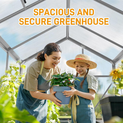 VINGLI 6x10FT Heavy Duty Polycarbonate Greenhouse with 5 Roof Vents, Aluminum Sliding Door, Silver