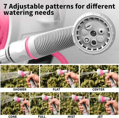 Kitness Mini Retractable Garden Hose Reel, Portable Simple Home 45+5 FT Hose Reel with 7 Adjustable Patterns Spray Nozzle&Standard Connector, Watering Hose Reel for Gardens Yards and lawns (Rose red)