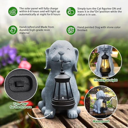 Solar Dog Statues for Garden Decorations Solar Garden Statues for Patio, Balcony, Yard Ornament Unique Housewarming Gifts Figurine Lights, Gray
