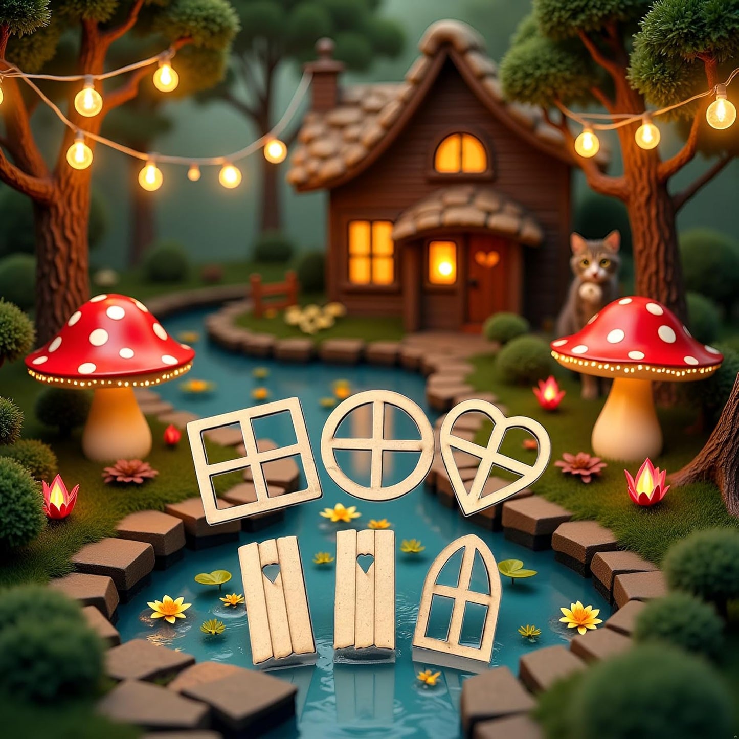 12Pcs Brown Wooden Fairy Garden Door,Blank Doors Fairy House Door and Windows Ornaments Tree Statues for Tree Trunk Yard Decoration Miniature Garden Buildings and Structures