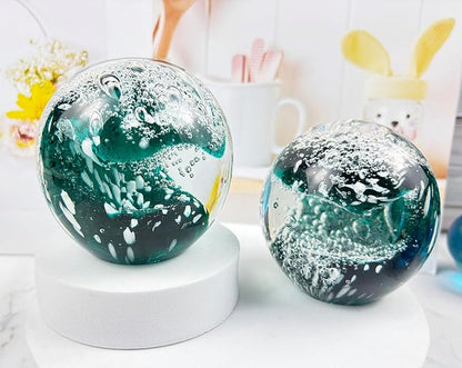 Decorative Crystal Ball Figurines Ocean Waves Paperweight Blown Glass Decor Sea Art Ocean Lovers Gift Green White 3.15"