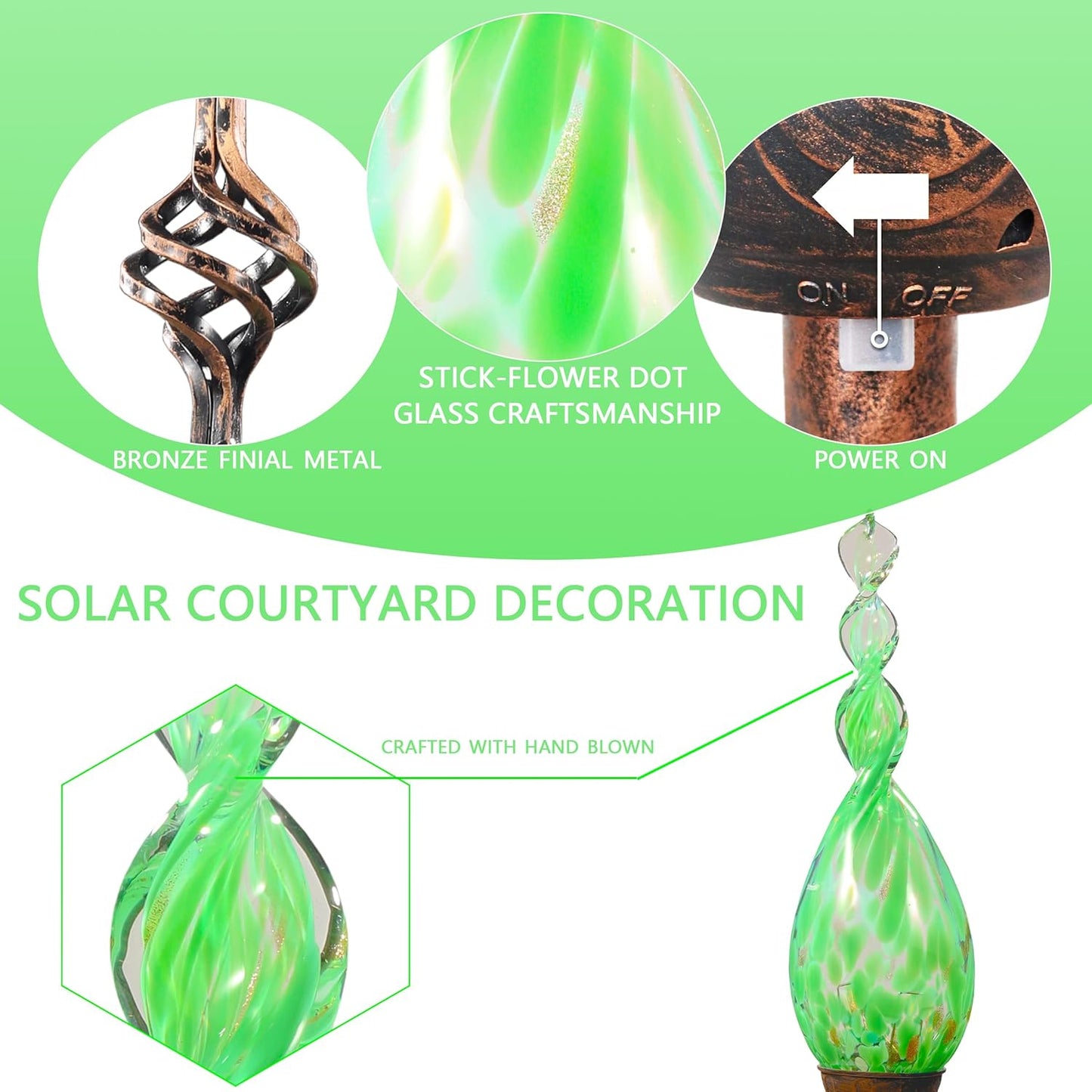 Solar Garden Lights Outdoor, Decorative LED Flame Garden Stakes, Hand Blown Glass and Outdoor Waterproof Glass Stakes (Green)