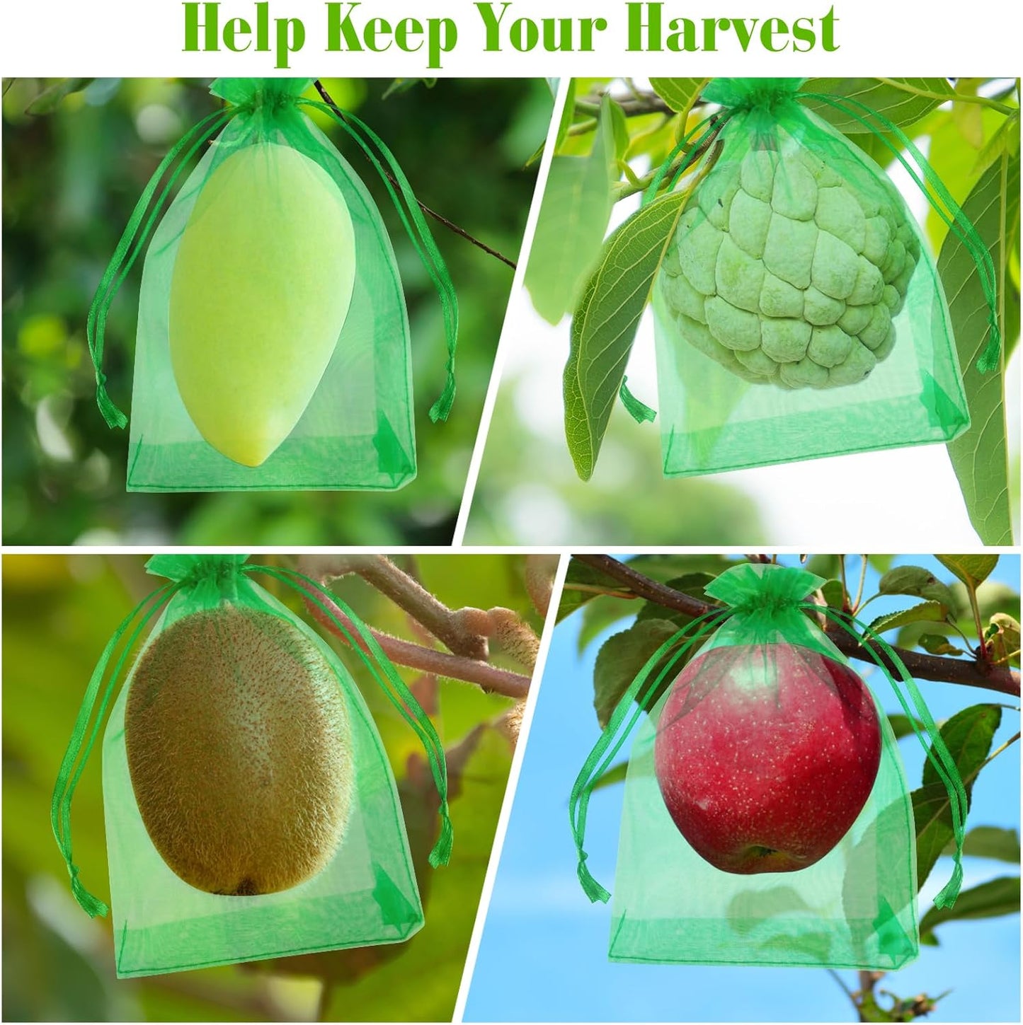 Morcheiong 60Pcs Fruit Protection Bags 6"" x 8"", Reusable Fruit Netting Bags for Fruit Trees, Garden Netting Mesh Bags with Drawstring (Dark Green), M1076MCHYB