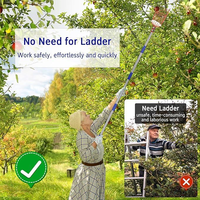 Fruit Picker Pole with Basket - 8 Foot Adjustable Height Fruit Picker Tool with Stainless Steel Fruit Picking Pole for Apple Cherry Berry Fit Orange Blueberry Mango Avocado Lemon Peach