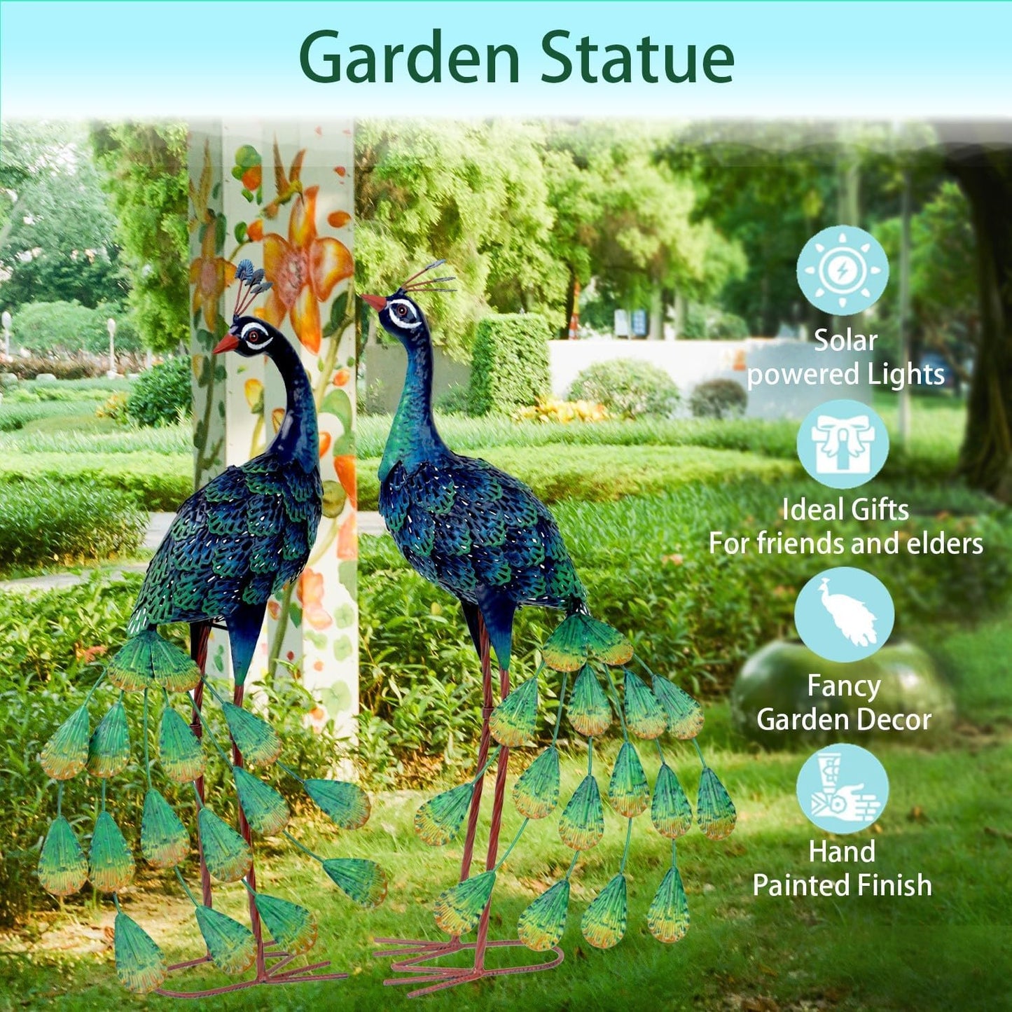 Kircust Solar Metal Peacock Statues - Set of 2 Weatherproof Outdoor Decor with Solar Lights for Garden, Yard, or Patio - Elegant Peacock Gifts