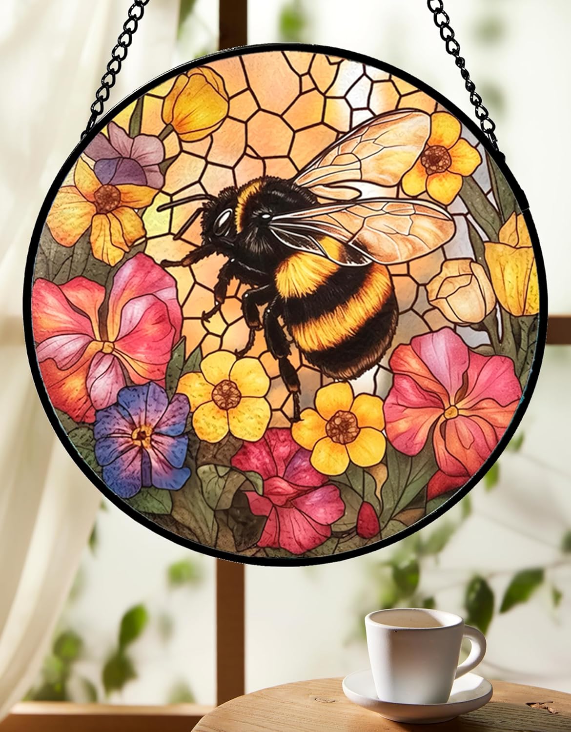 Bee Stained Glass Suncatcher - Handcrafted 7.87 inch suncatcher with Vibrant Wildflower Stained Glass Window Hanging for Home Garden Decoration, Makes a Unique Gift for bee Lovers, Friends and Family