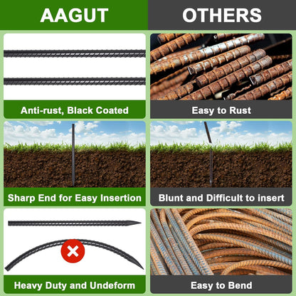 AAGUT Rebar Stakes 16 inch (34pcs) Heavy Duty 3/8” Ground Anchors Steel Garden Stakes Metal Straight Camping Tent Spikes with Chisel Point End for Hard Soil, Black Powder Coated