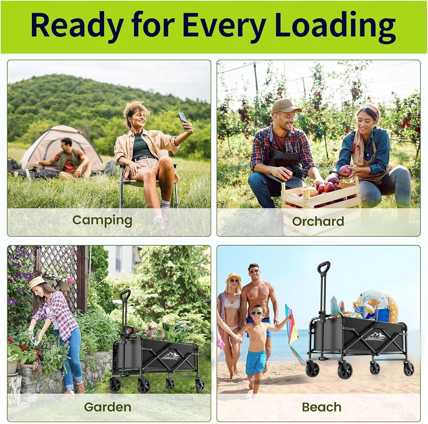Collapsible Wagon Cart with 5" Removable 360° Swivel Wheels & Adjustable Handle, 220lbs Load Capacity, Dual Detachable Oxford Covers (White+Black)， MDF Base, All-Terrain Portable Utility Cart