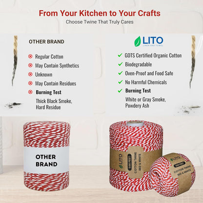 Red and White Organic Twine Cotton String - 200 Feet Wrapping, Baking, Butcher, Crafts, DIY Projects, Easter, Christmas