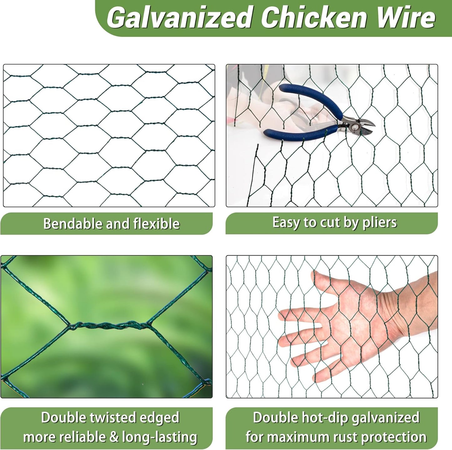 Chicken Wire Fencing Mesh, Galvanized Hexagonal Floral Chicken Wire, Outdoor Anti-Rust Poultry Netting for Garden Fence (4 ft x 100 ft, PVC Coated)