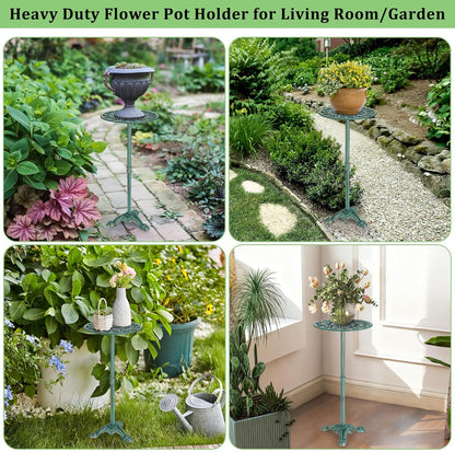 OwnMy Cast Iron Tall Plant Stand Heavy Duty Flower Pot Holder, Decorative Pedestal Potted Plant Rack, Indoor Outdoor Wrought Iron Large Single Plant Stand for Patio Garden Home, Antique Green