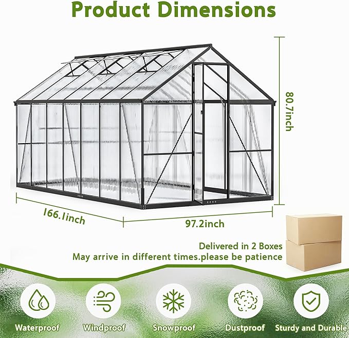 Wanan 14x8FT Greenhouses for Outdoors, Quick Assembly Polycarbonate Green House with UV Protection, Heavy Duty Windproof Aluminum Frame, Adjustable Roof Vent for Backyard or Outdoor Garden Use