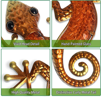 HONGLAND Metal Gecko Wall Art- 15 Inch Lizard Outdoor Decor Hanging Glass Sculpture, 2 Pack Gecko Wall Art Decorations for Garden Fence Home (Green&Orange)